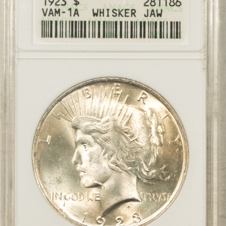 Dollars 1923 $1 PEACE DOLLAR, VAM1A WHISKER JAW ANACS MS-63 OLD SOAPBOX PREMIUM QUALITY!