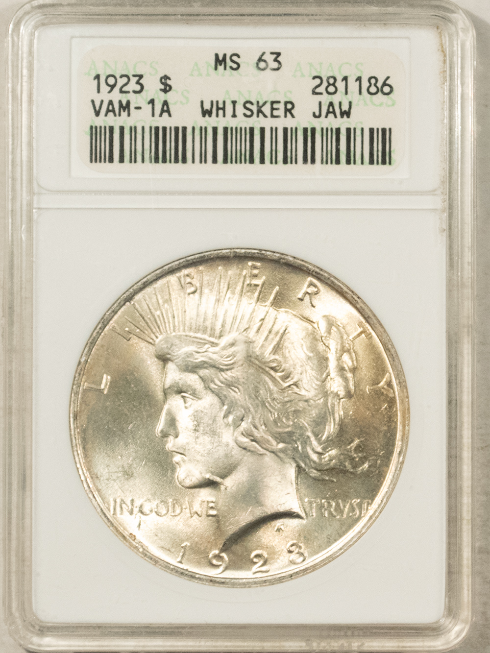 Dollars 1923 $1 PEACE DOLLAR, VAM1A WHISKER JAW ANACS MS-63 OLD SOAPBOX PREMIUM QUALITY! Dollars 1923 $1 PEACE DOLLAR, VAM1A WHISKER JAW ANACS MS-63 OLD SOAPBOX PREMIUM QUALITY!