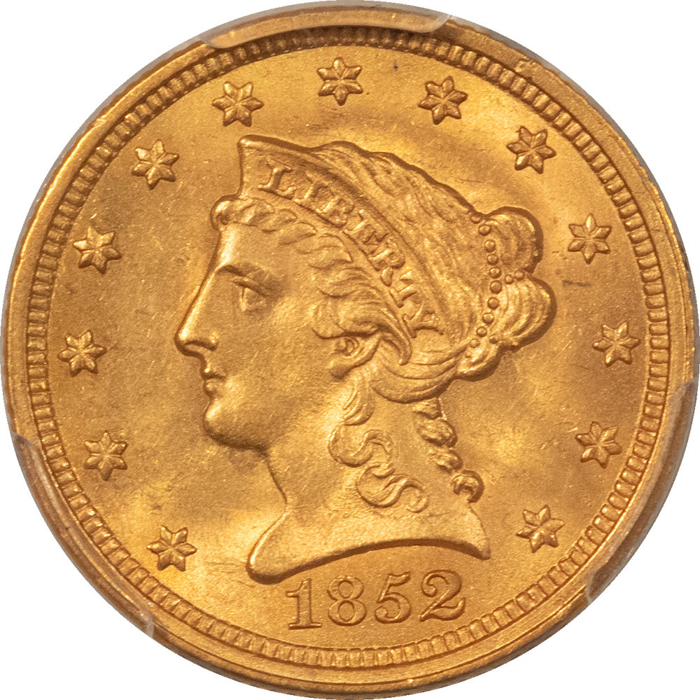 $2.50 1852 $2.50 LIBERTY GOLD QUARTER EAGLE – PCGS MS-64, SMOOTH & ATTRACTIVE! $2.50 1852 $2.50 LIBERTY GOLD QUARTER EAGLE – PCGS MS-64, SMOOTH & ATTRACTIVE!
