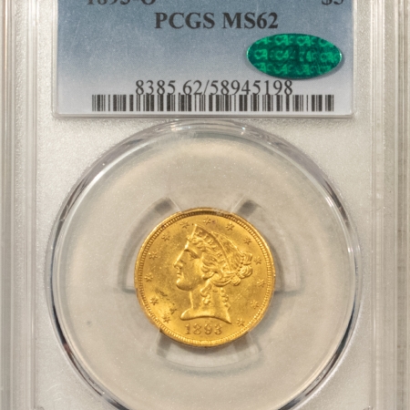 $5 1893-O $5 LIBERTY GOLD HALF EAGLE – PCGS MS-62, ORIGINAL, CHOICE & CAC APPROVED!