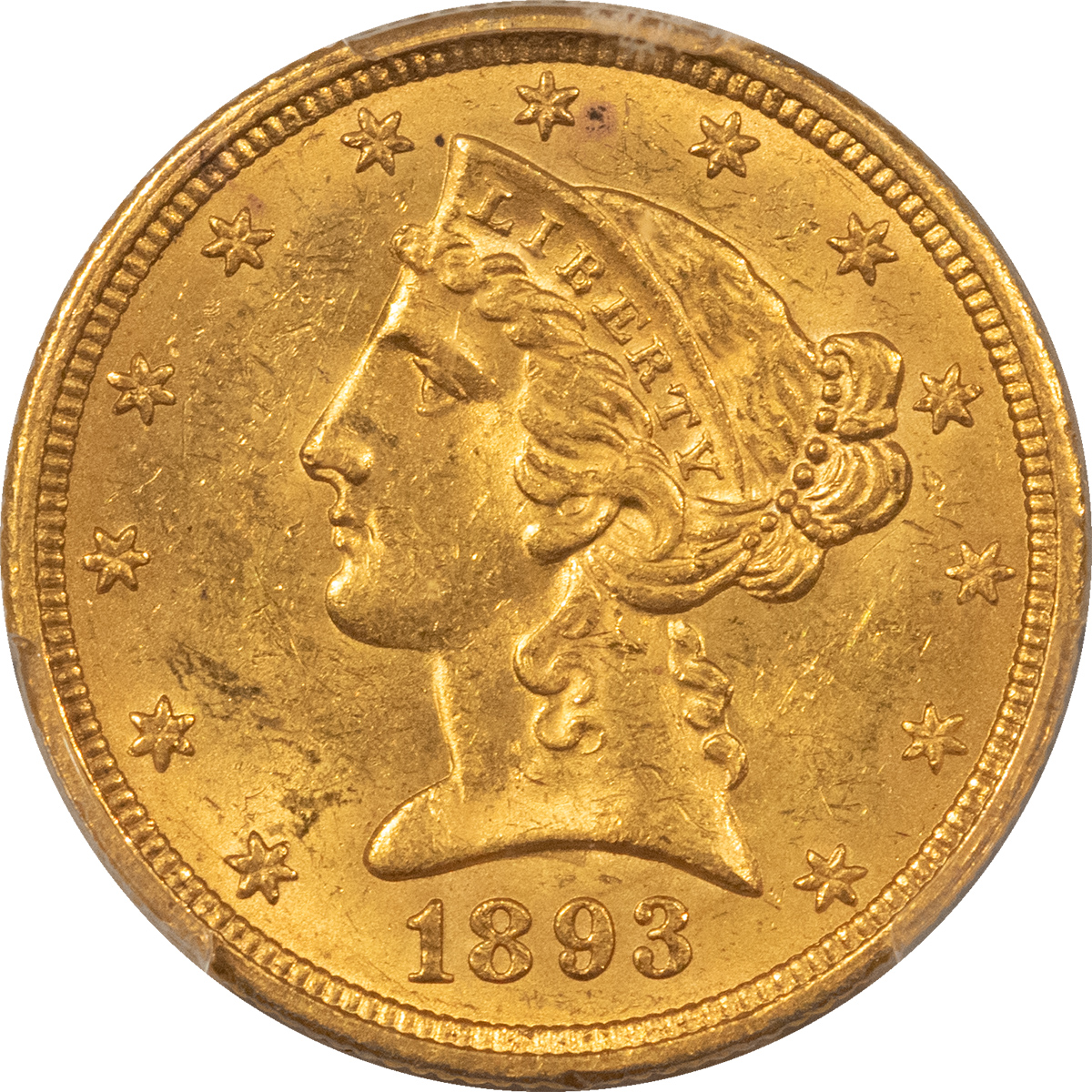 $5 1893-O $5 LIBERTY GOLD HALF EAGLE – PCGS MS-62, ORIGINAL, CHOICE & CAC APPROVED! $5 1893-O $5 LIBERTY GOLD HALF EAGLE – PCGS MS-62, ORIGINAL, CHOICE & CAC APPROVED!