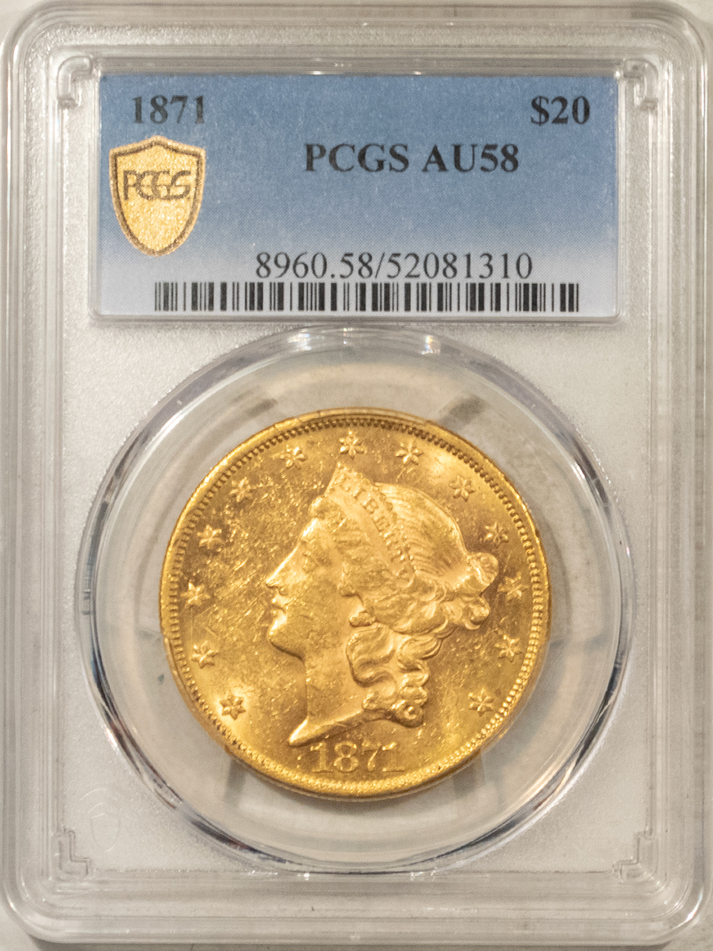 $20 1871 TYPE 2 $20 LIBERTY GOLD DOUBLE EAGLE – PCGS AU-58, RARE DATE! LUSTOUS & PQ! $20 1871 TYPE 2 $20 LIBERTY GOLD DOUBLE EAGLE – PCGS AU-58, RARE DATE! LUSTOUS & PQ!