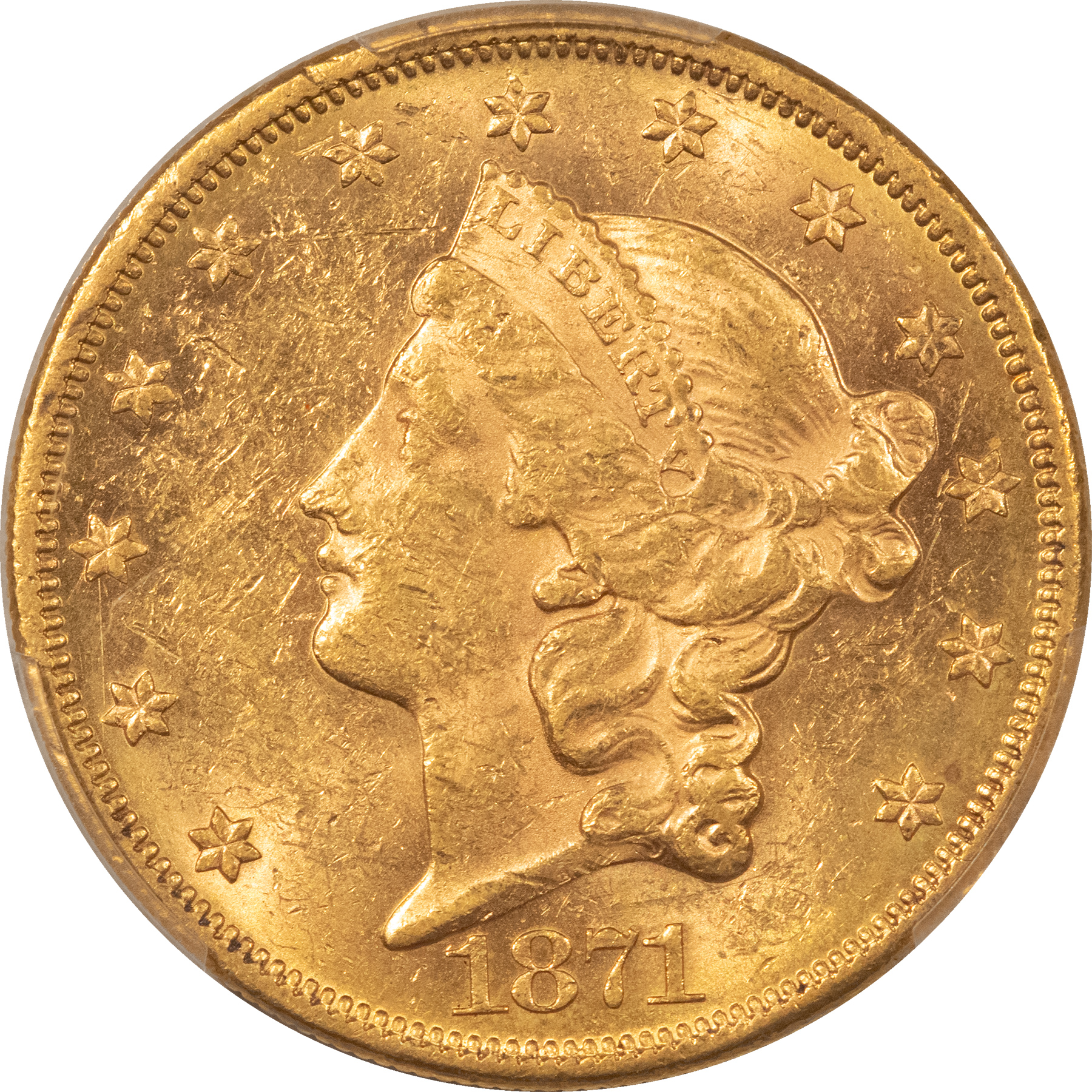 $20 1871 TYPE 2 $20 LIBERTY GOLD DOUBLE EAGLE – PCGS AU-58, RARE DATE! LUSTOUS & PQ! $20 1871 TYPE 2 $20 LIBERTY GOLD DOUBLE EAGLE – PCGS AU-58, RARE DATE! LUSTOUS & PQ!