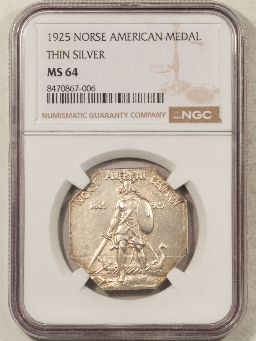 Early Commems 1925 NORSE AMERICAN COMMEMORATIVE SILVER MEDAL, THIN – NGC MS-64, TOUGH! Early Commems 1925 NORSE AMERICAN COMMEMORATIVE SILVER MEDAL, THIN – NGC MS-64, TOUGH!