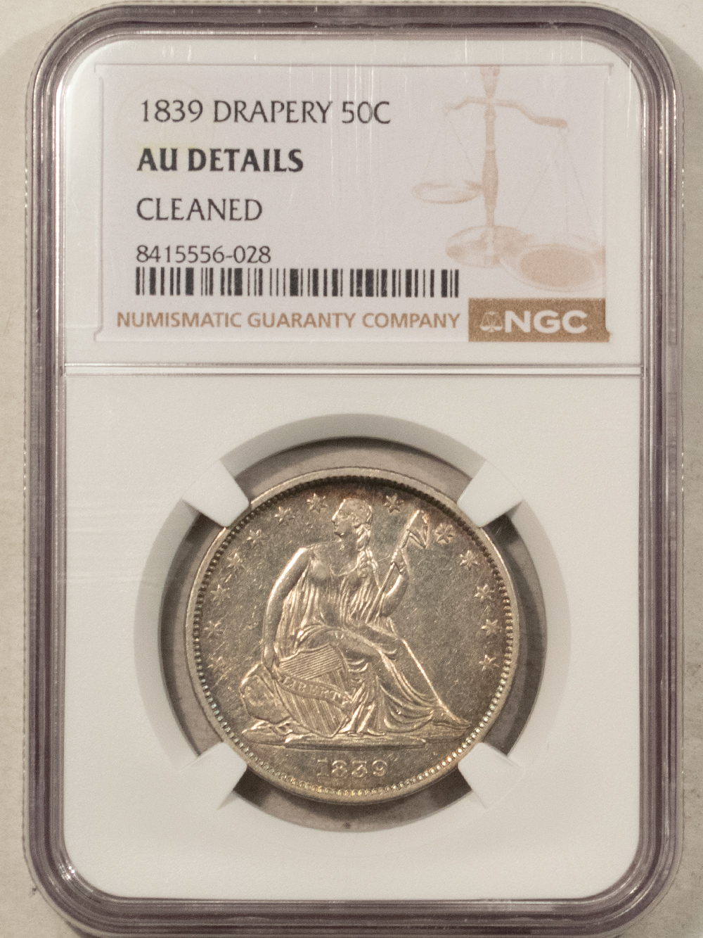 Half Dollars 1839 DRAPERY LIBERTY SEATED HALF DOLLAR NGC AU-DETAILS CLEANED, TOUGH, NICE LOOK Half Dollars 1839 DRAPERY LIBERTY SEATED HALF DOLLAR NGC AU-DETAILS CLEANED, TOUGH, NICE LOOK