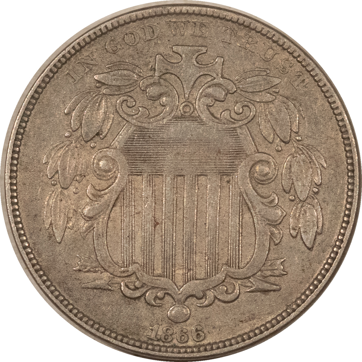 New Store Items 1866 SHIELD NICKEL – HIGH GRADE EXAMPLE! New Store Items 1866 SHIELD NICKEL – HIGH GRADE EXAMPLE!