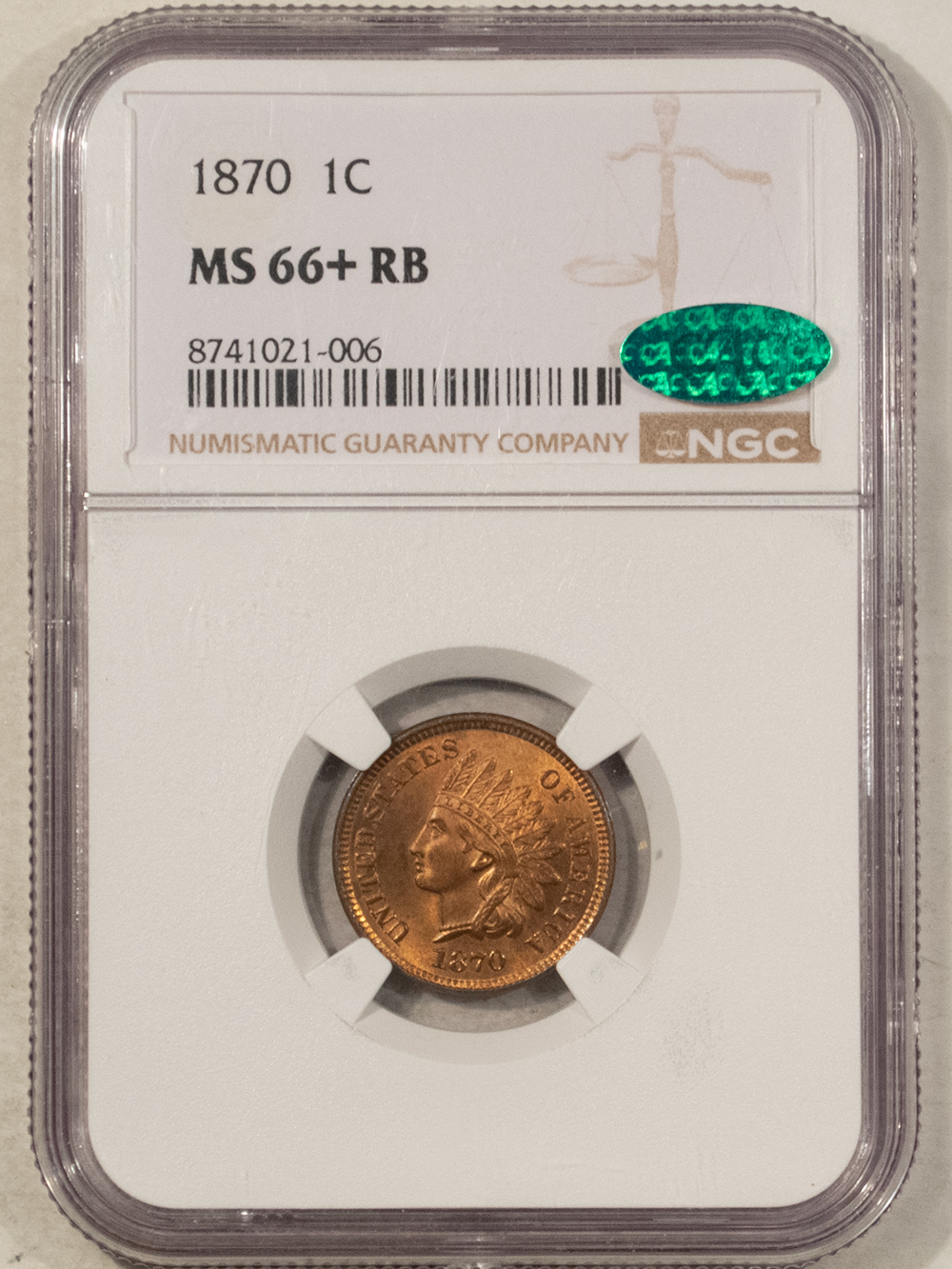 Indian 1870 INDIAN CENT NGC MS-66+ RB CAC APPROVED, TOP POP BOTH SERVICES NONE FINER! Indian 1870 INDIAN CENT NGC MS-66+ RB CAC APPROVED, TOP POP BOTH SERVICES NONE FINER!