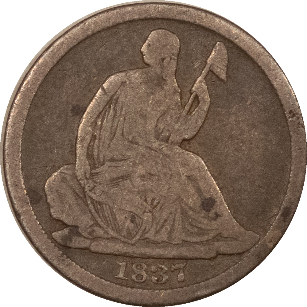 Half Dimes 1837 SEATED LIBERTY HALF DIME LARGE DATE – CIRCULATED! Half Dimes 1837 SEATED LIBERTY HALF DIME LARGE DATE – CIRCULATED!