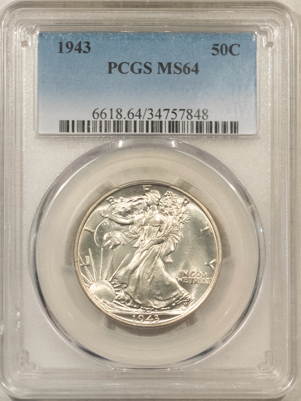 Half Dollars 1943 WALKING LIBERTY HALF DOLLAR – PCGS MS-64, BLAST WHITE! Half Dollars 1943 WALKING LIBERTY HALF DOLLAR – PCGS MS-64, BLAST WHITE!
