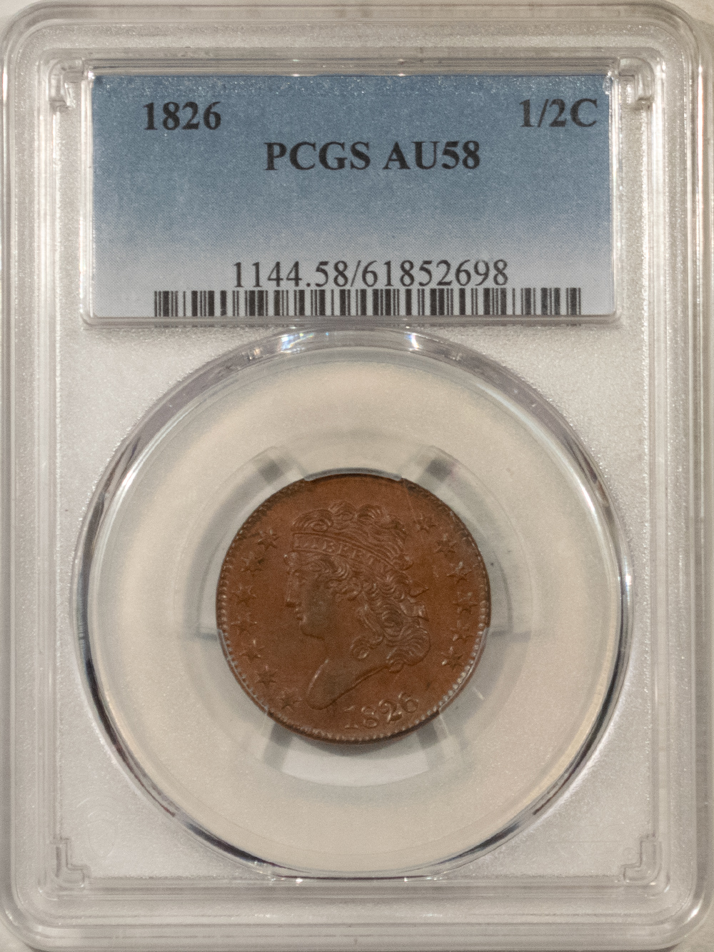 Classic Head Half Cents 1826 CLASSIC HEAD HALF CENT – PCGS AU-58, LOOKS UNC! PREMIUM QUALITY! Classic Head Half Cents 1826 CLASSIC HEAD HALF CENT – PCGS AU-58, LOOKS UNC! PREMIUM QUALITY!