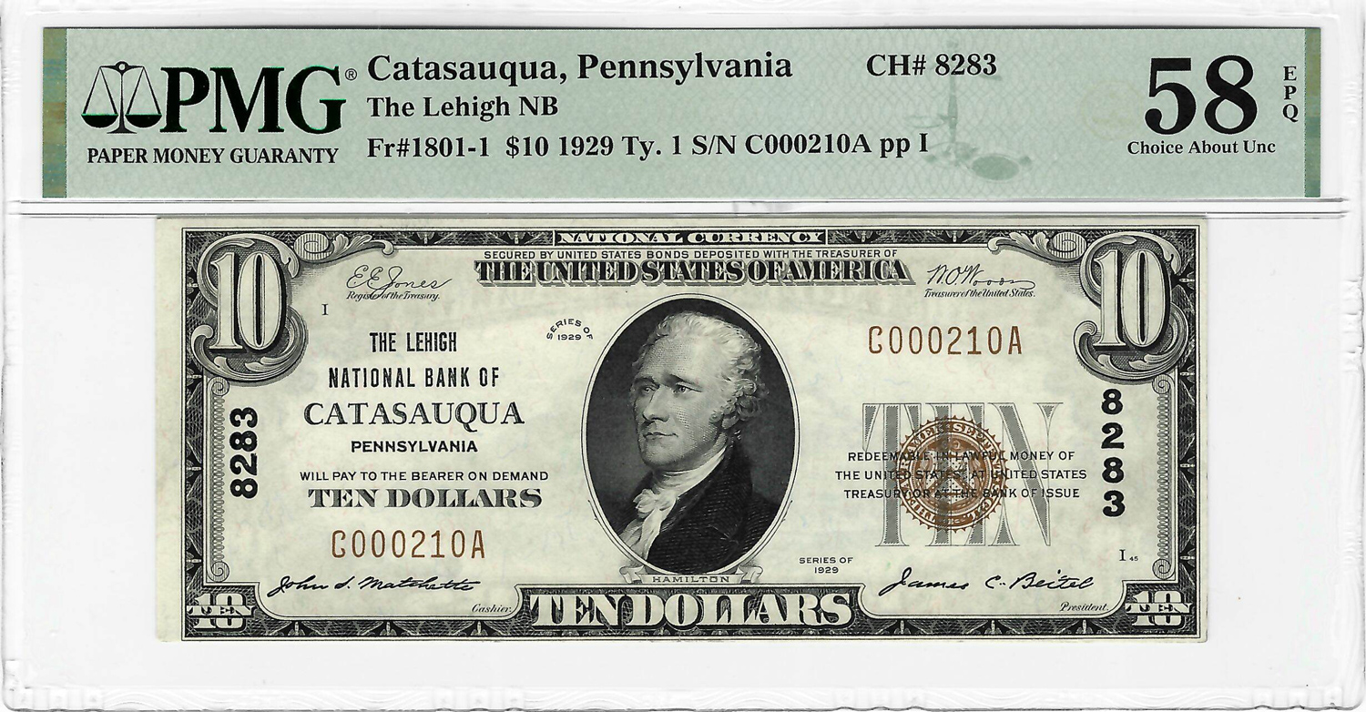 New Store Items 1929 $10 TY 1 CATASAUQUA PA FR#1801-1 – PMG CH-AU 58 EPQ, HIGH GRADE FOR BANK! New Store Items 1929 $10 TY 1 CATASAUQUA PA FR#1801-1 – PMG CH-AU 58 EPQ, HIGH GRADE FOR BANK!