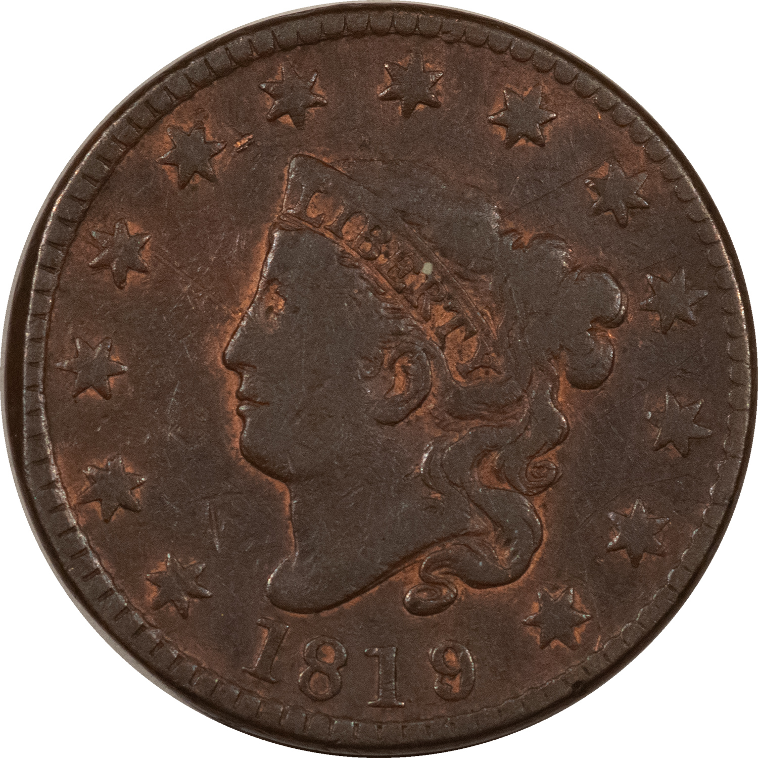Coronet Head Large Cents 1819/8 CORONET HEAD LARGE CENT – CIRCULATED, SUSPECT COLOR! Coronet Head Large Cents 1819/8 CORONET HEAD LARGE CENT – CIRCULATED, SUSPECT COLOR!