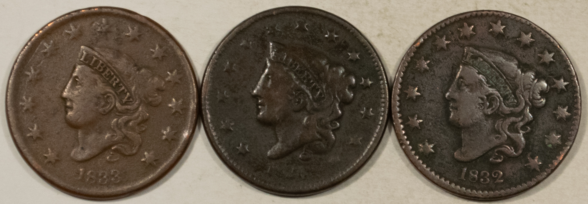 Coronet Head Large Cents 1832 LL, 1836, 1838 CORONET HEAD LARGE CENT TRIO – CIRCULATED EACH W/ ISSUES! Coronet Head Large Cents 1832 LL, 1836, 1838 CORONET HEAD LARGE CENT TRIO – CIRCULATED EACH W/ ISSUES!