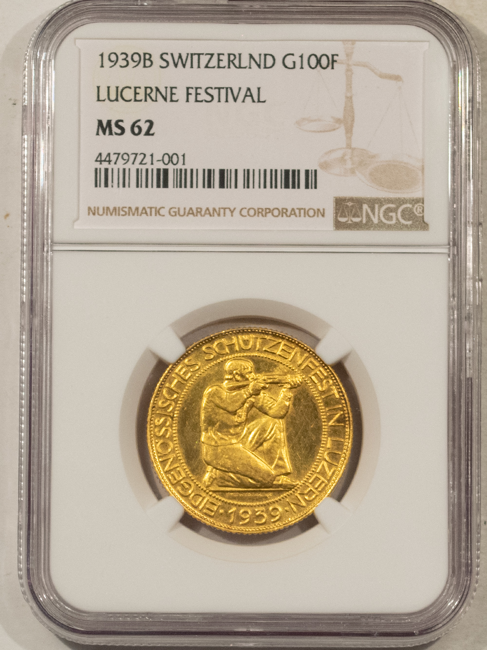 Bullion 1939B SWITZERLAND GOLD 100 FRANCS LUCERNE FESTIVAL – NGC MS-62 Bullion 1939B SWITZERLAND GOLD 100 FRANCS LUCERNE FESTIVAL – NGC MS-62