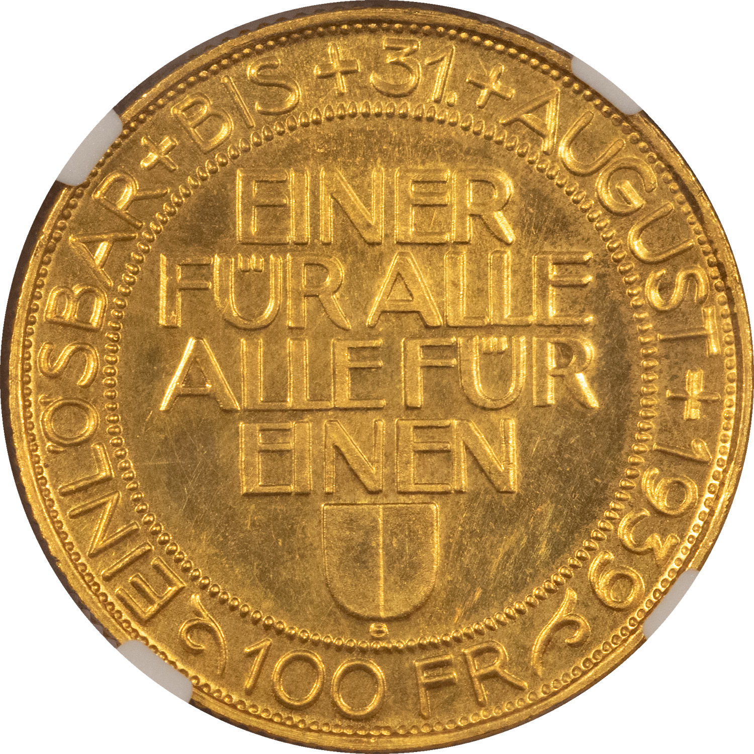 Bullion 1939B SWITZERLAND GOLD 100 FRANCS LUCERNE FESTIVAL – NGC MS-62 Bullion 1939B SWITZERLAND GOLD 100 FRANCS LUCERNE FESTIVAL – NGC MS-62