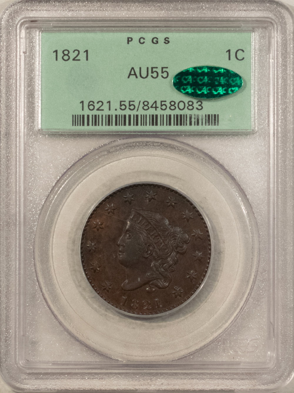 CAC Approved Coins 1821 CORONET HEAD LARGE CENT – PCGS AU-55, PQ++, OLD GREEN HOLDER, CAC APPROVED! CAC Approved Coins 1821 CORONET HEAD LARGE CENT – PCGS AU-55, PQ++, OLD GREEN HOLDER, CAC APPROVED!