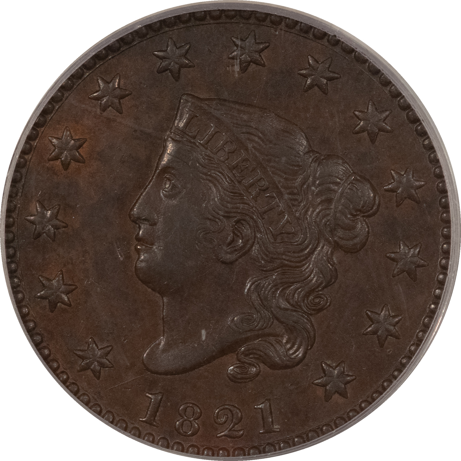 CAC Approved Coins 1821 CORONET HEAD LARGE CENT – PCGS AU-55, PQ++, OLD GREEN HOLDER, CAC APPROVED! CAC Approved Coins 1821 CORONET HEAD LARGE CENT – PCGS AU-55, PQ++, OLD GREEN HOLDER, CAC APPROVED!