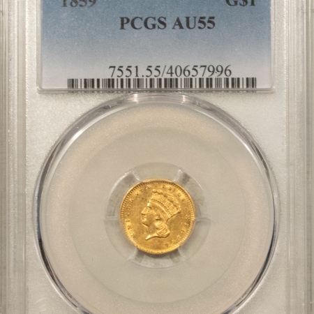 $1 1859 TYPE 3 $1 GOLD DOLLAR – PCGS AU-55, NICE ORIGINAL!