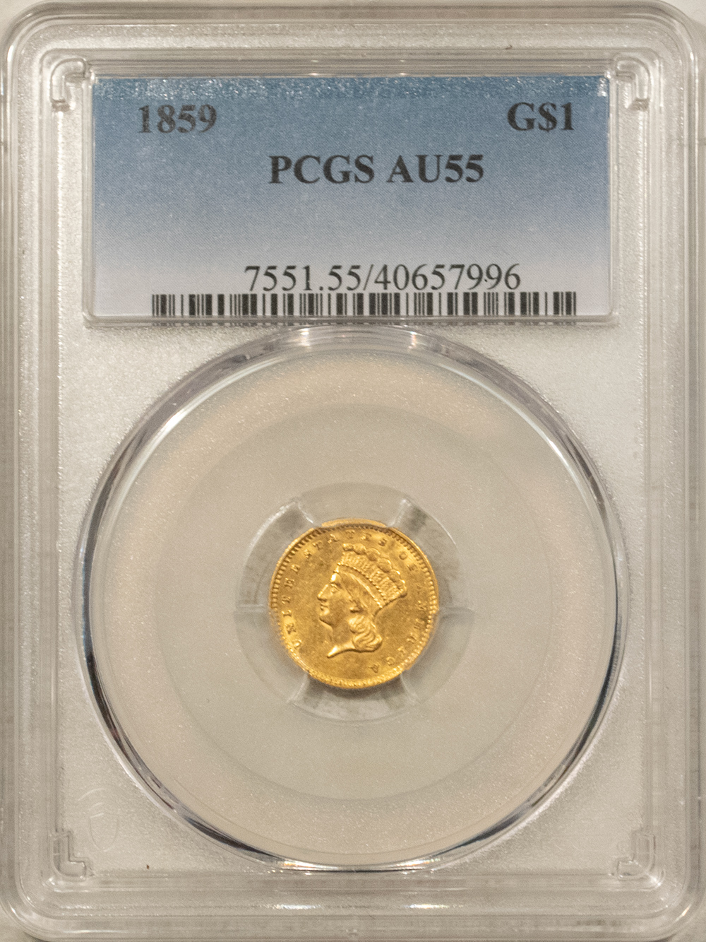 $1 1859 TYPE 3 $1 GOLD DOLLAR – PCGS AU-55, NICE ORIGINAL! $1 1859 TYPE 3 $1 GOLD DOLLAR – PCGS AU-55, NICE ORIGINAL!