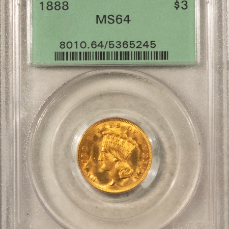 $3 1888 $3 GOLD PRINCESS PCGS MS-64, OLD GREEN HOLDER, LUSTROUS, FRESH, LOW-MINTAGE