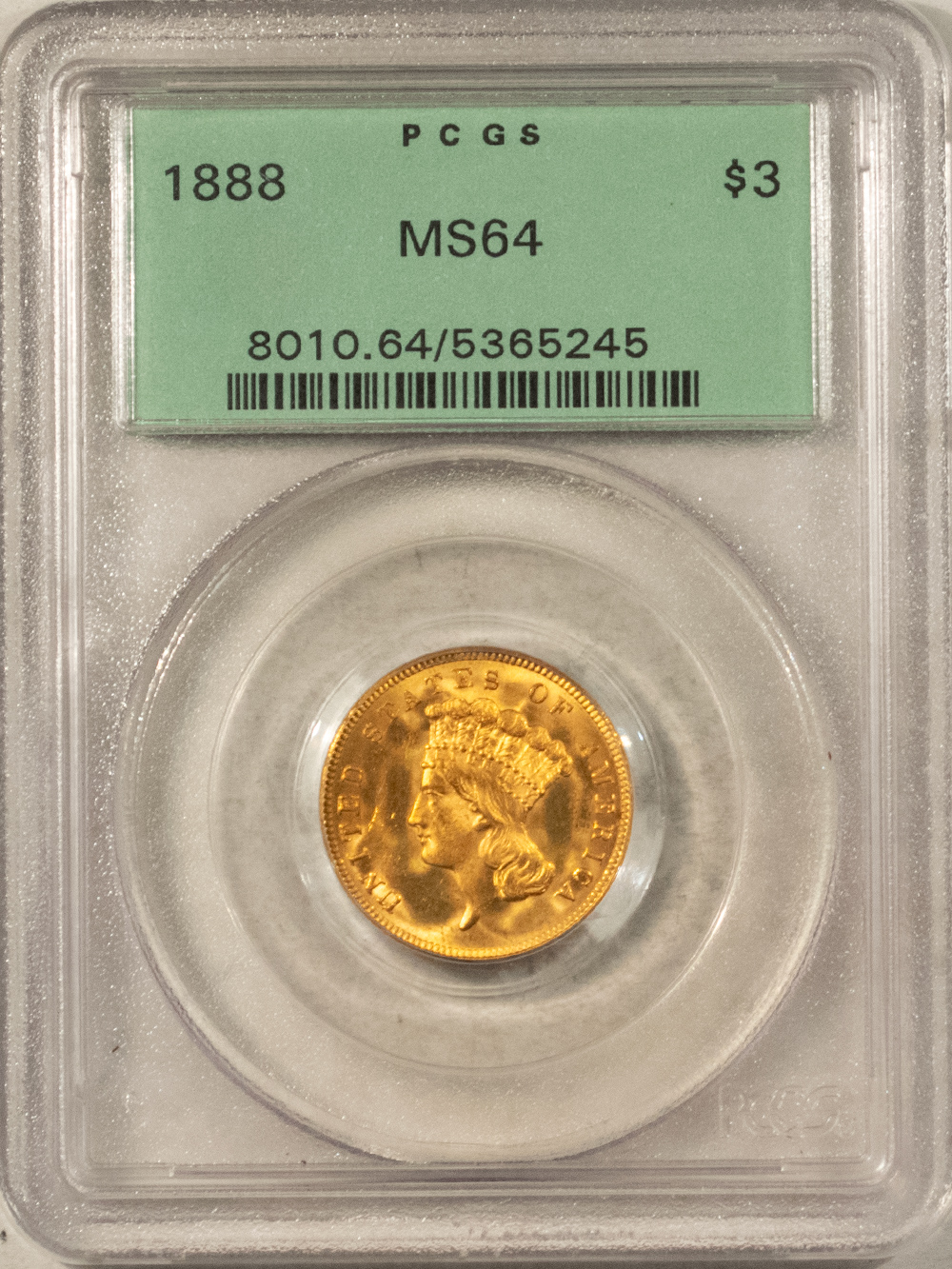 $3 1888 $3 GOLD PRINCESS PCGS MS-64, OLD GREEN HOLDER, LUSTROUS, FRESH, LOW-MINTAGE $3 1888 $3 GOLD PRINCESS PCGS MS-64, OLD GREEN HOLDER, LUSTROUS, FRESH, LOW-MINTAGE