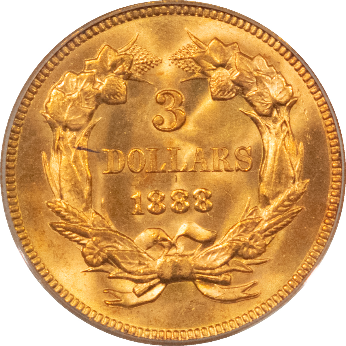 $3 1888 $3 GOLD PRINCESS PCGS MS-64, OLD GREEN HOLDER, LUSTROUS, FRESH, LOW-MINTAGE $3 1888 $3 GOLD PRINCESS PCGS MS-64, OLD GREEN HOLDER, LUSTROUS, FRESH, LOW-MINTAGE