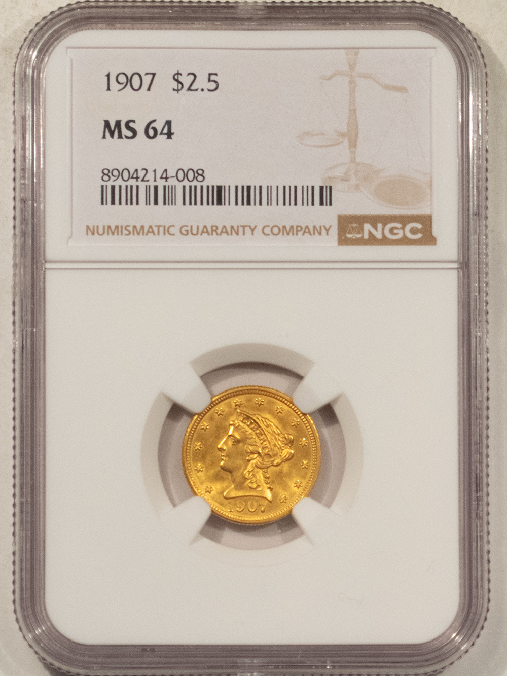 Morgan Dollars 1907 $2.50 LIBERTY GOLD NGC MS-64 LUSTROUS, FINAL YEAR! Morgan Dollars 1907 $2.50 LIBERTY GOLD NGC MS-64 LUSTROUS, FINAL YEAR!