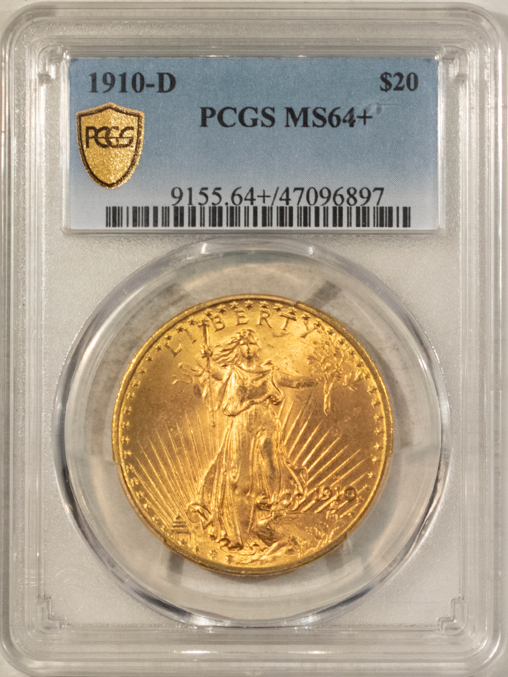$20 1910-D $20 SAINT GAUDENS GOLD DOUBLE EAGLE – PCGS MS-64+, LOWER MINTAGE DATE! $20 1910-D $20 SAINT GAUDENS GOLD DOUBLE EAGLE – PCGS MS-64+, LOWER MINTAGE DATE!