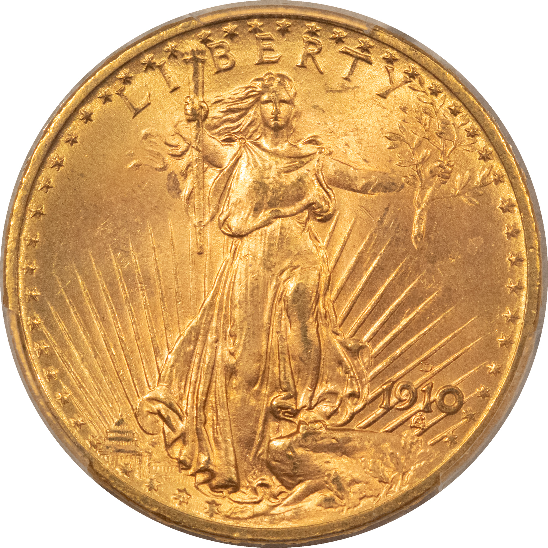 $20 1910-D $20 SAINT GAUDENS GOLD DOUBLE EAGLE – PCGS MS-64+, LOWER MINTAGE DATE! $20 1910-D $20 SAINT GAUDENS GOLD DOUBLE EAGLE – PCGS MS-64+, LOWER MINTAGE DATE!
