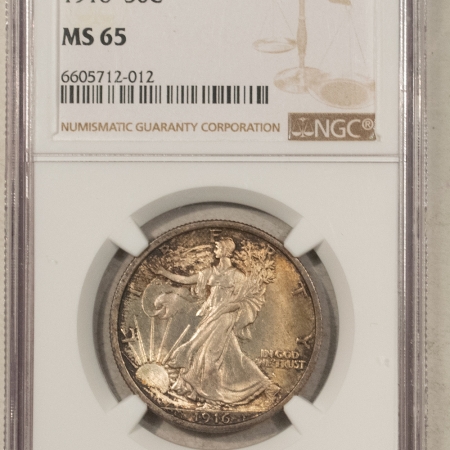 Half Dollars 1916 WALKING LIBERTY HALF DOLLAR – NGC MS-65, ORIGINAL, FRESH GEM!