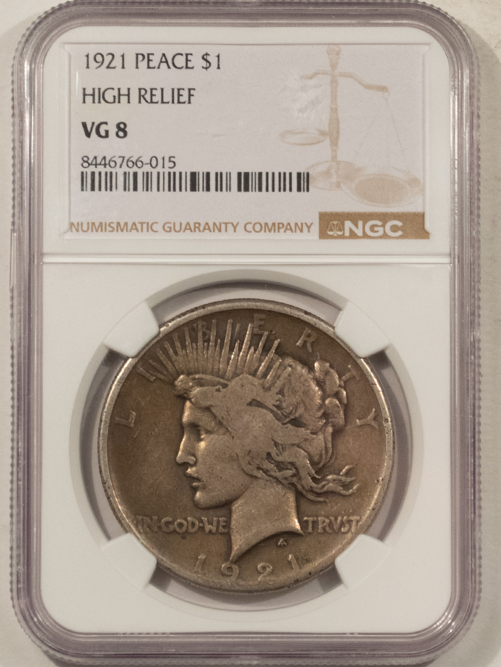 Dollars 1921 $1 HIGH RELIEF PEACE DOLLAR – NGC VG-8 Dollars 1921 $1 HIGH RELIEF PEACE DOLLAR – NGC VG-8