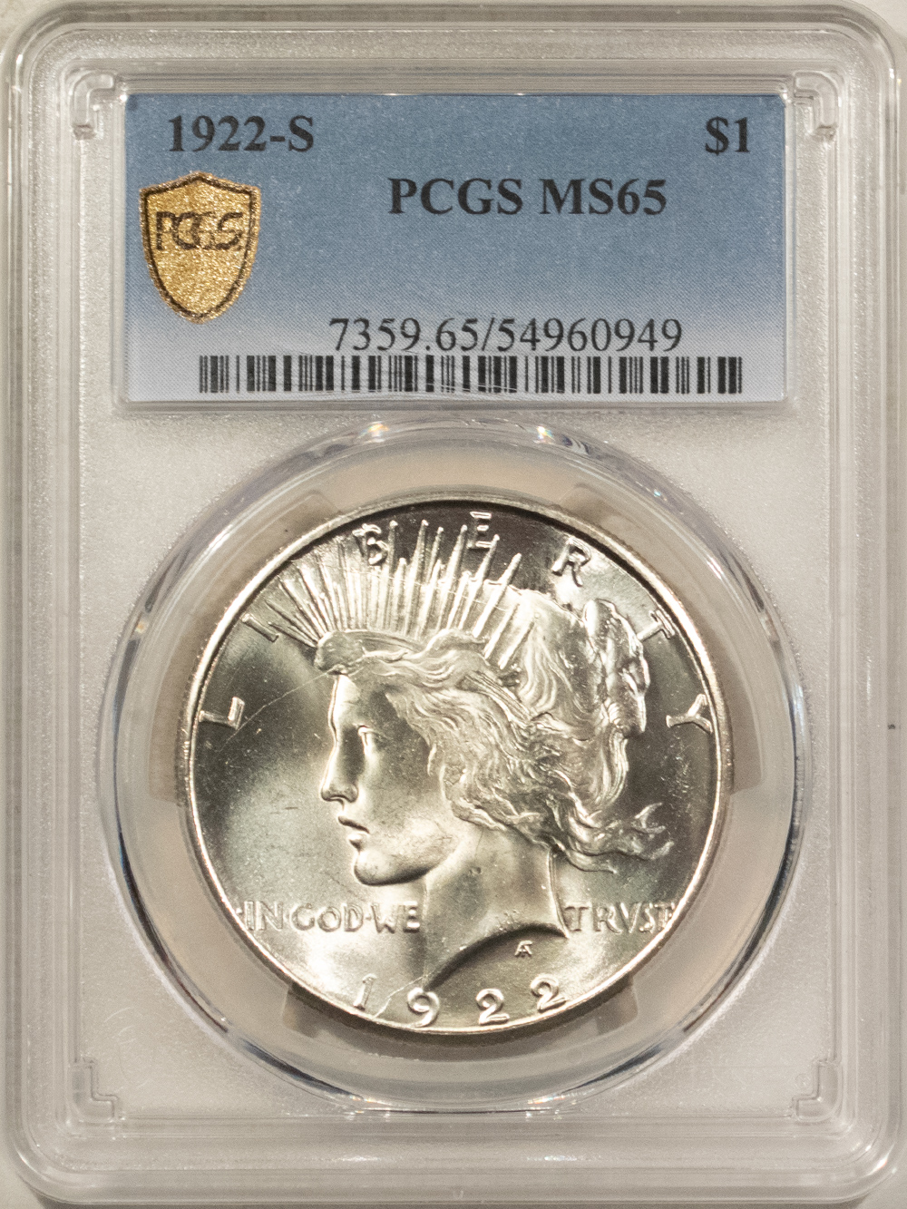 Dollars 1922-S $1 PEACE DOLLAR – PCGS MS-65, BLAZING WHITE GEM! Dollars 1922-S $1 PEACE DOLLAR – PCGS MS-65, BLAZING WHITE GEM!