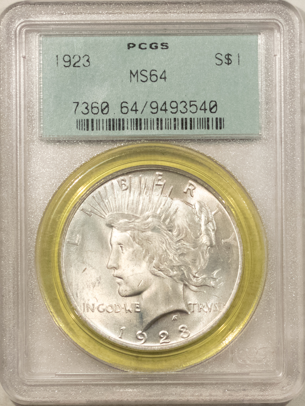 Dollars 1923 $1 PEACE DOLLAR – PCGS MS-64, OLD GREEN HOLDER, FRESH & PREMIUM QUALITY+! Dollars 1923 $1 PEACE DOLLAR – PCGS MS-64, OLD GREEN HOLDER, FRESH & PREMIUM QUALITY+!