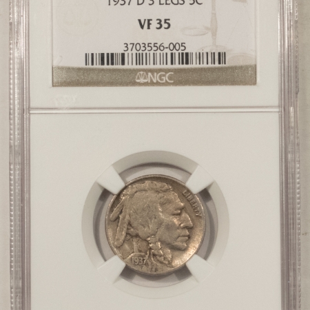 Buffalo Nickels 1937-D 3 LEGS BUFFALO NICKEL – NGC VF-35, POPULAR KEY-DATE, STRONG DETAIL!
