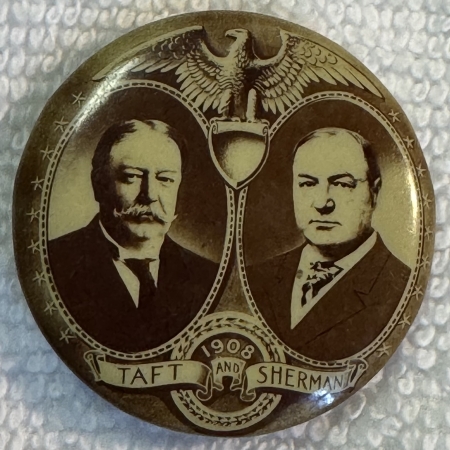 New Store Items 1912 TAFT-SHERMAN 1 1/4″ SEPIA JUGATE CAMPAIGN BUTTON, STRIKING, SCARCE & MINT!