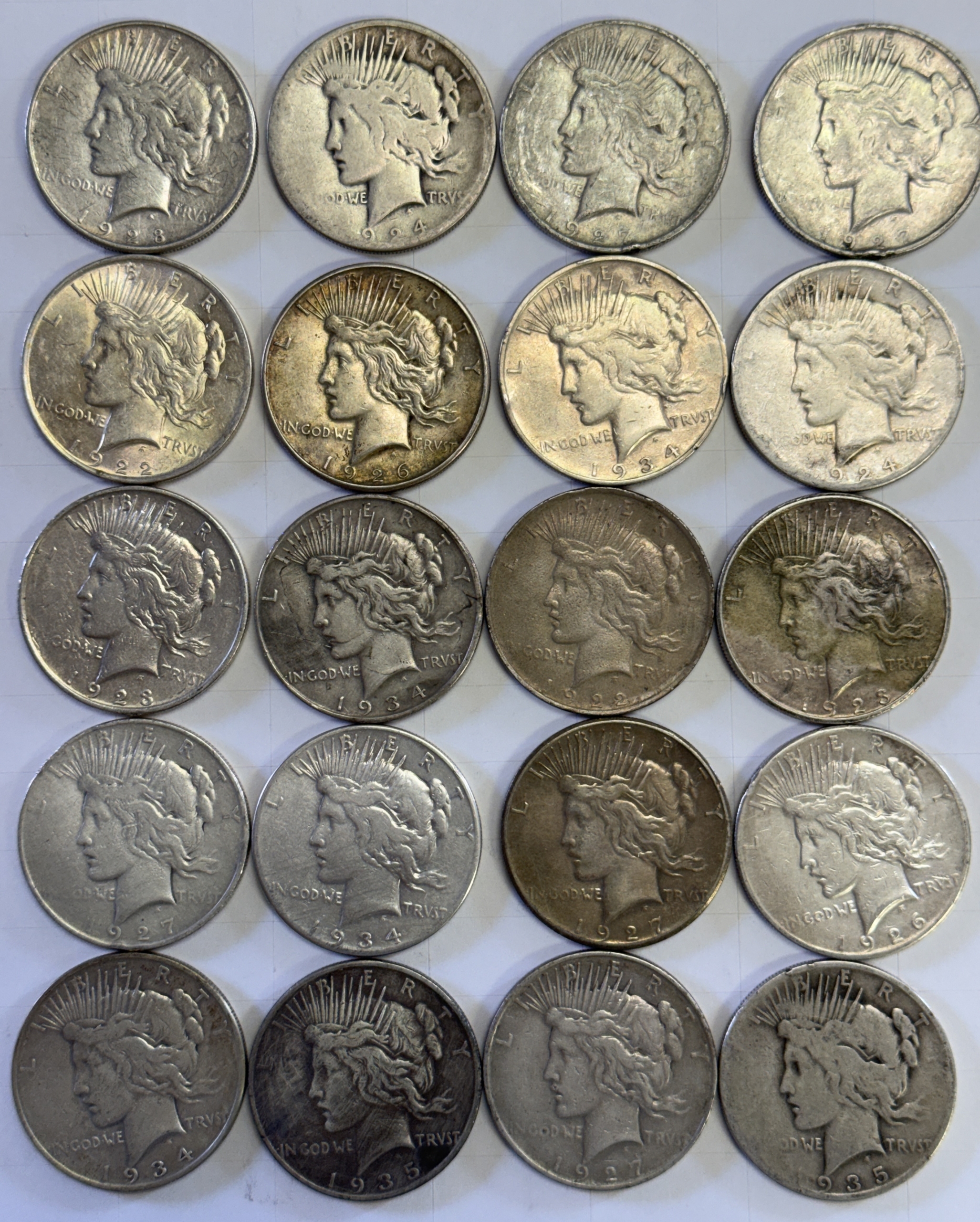 Dollars PEACE DOLLAR MIXED DATE 20 COIN ROLL – CULL WITH ISSUES! VARIETY OF DATES Dollars PEACE DOLLAR MIXED DATE 20 COIN ROLL – CULL WITH ISSUES! VARIETY OF DATES