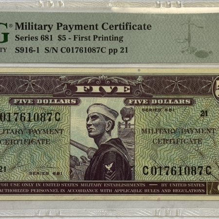 Military Payment Certificates SERIES 681 $5 MPC MILITARY PAYMENT CERTIFICATE, NAVY, S916-1 – PMG CH AU-58 EPQ!