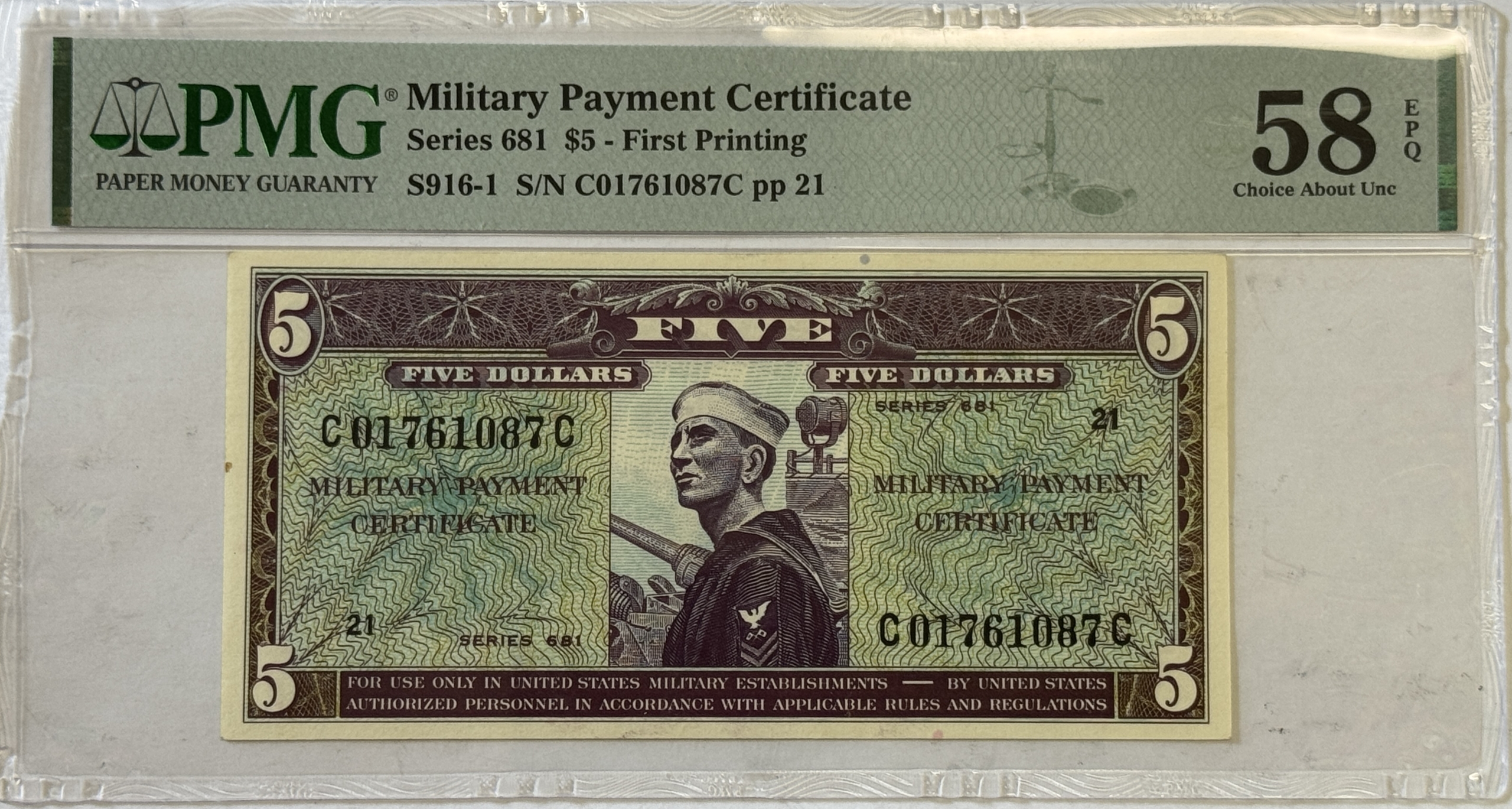 Military Payment Certificates SERIES 681 $5 MPC MILITARY PAYMENT CERTIFICATE, NAVY, S916-1 – PMG CH AU-58 EPQ! Military Payment Certificates SERIES 681 $5 MPC MILITARY PAYMENT CERTIFICATE, NAVY, S916-1 – PMG CH AU-58 EPQ!