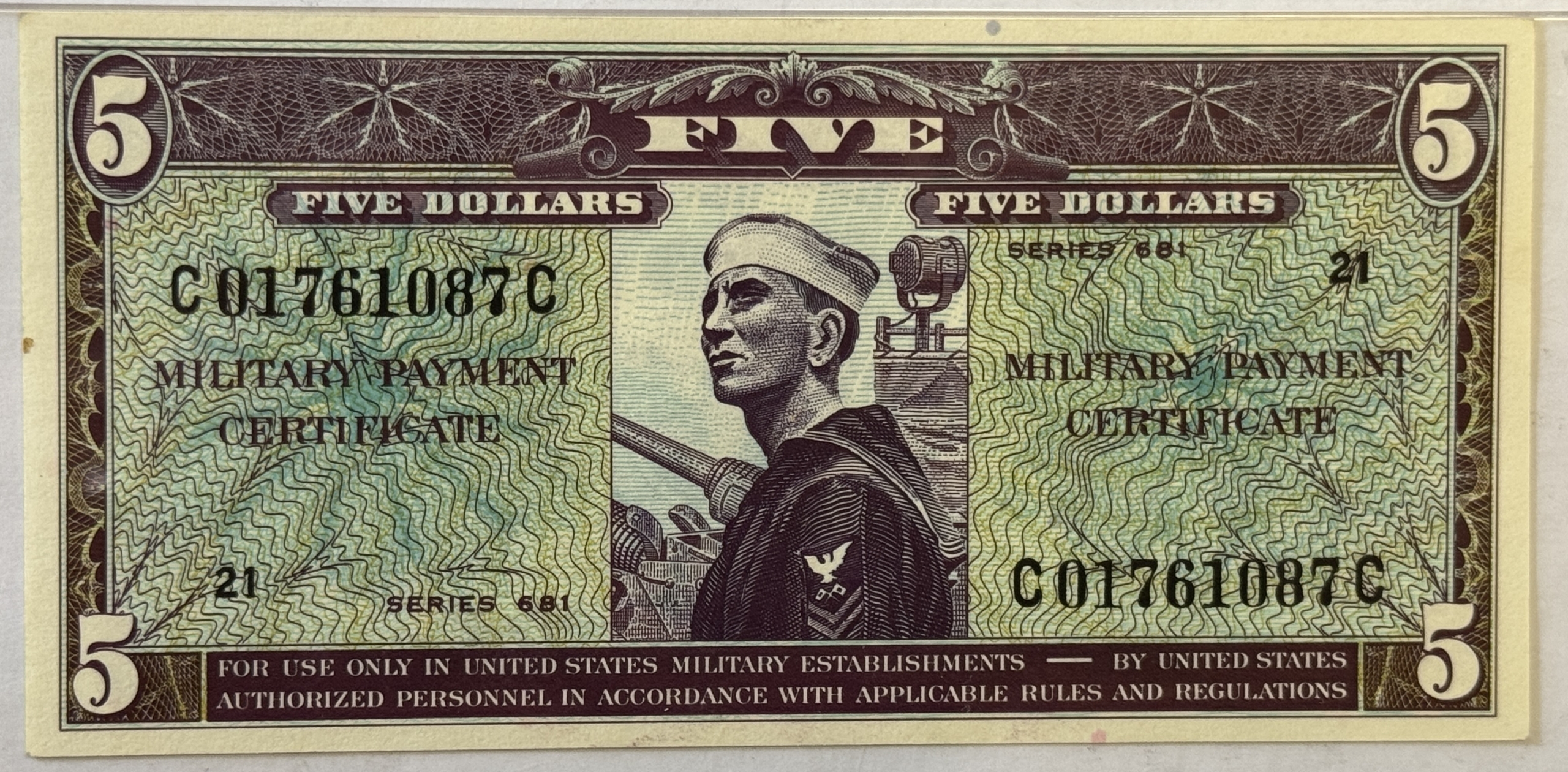 Military Payment Certificates SERIES 681 $5 MPC MILITARY PAYMENT CERTIFICATE, NAVY, S916-1 – PMG CH AU-58 EPQ! Military Payment Certificates SERIES 681 $5 MPC MILITARY PAYMENT CERTIFICATE, NAVY, S916-1 – PMG CH AU-58 EPQ!