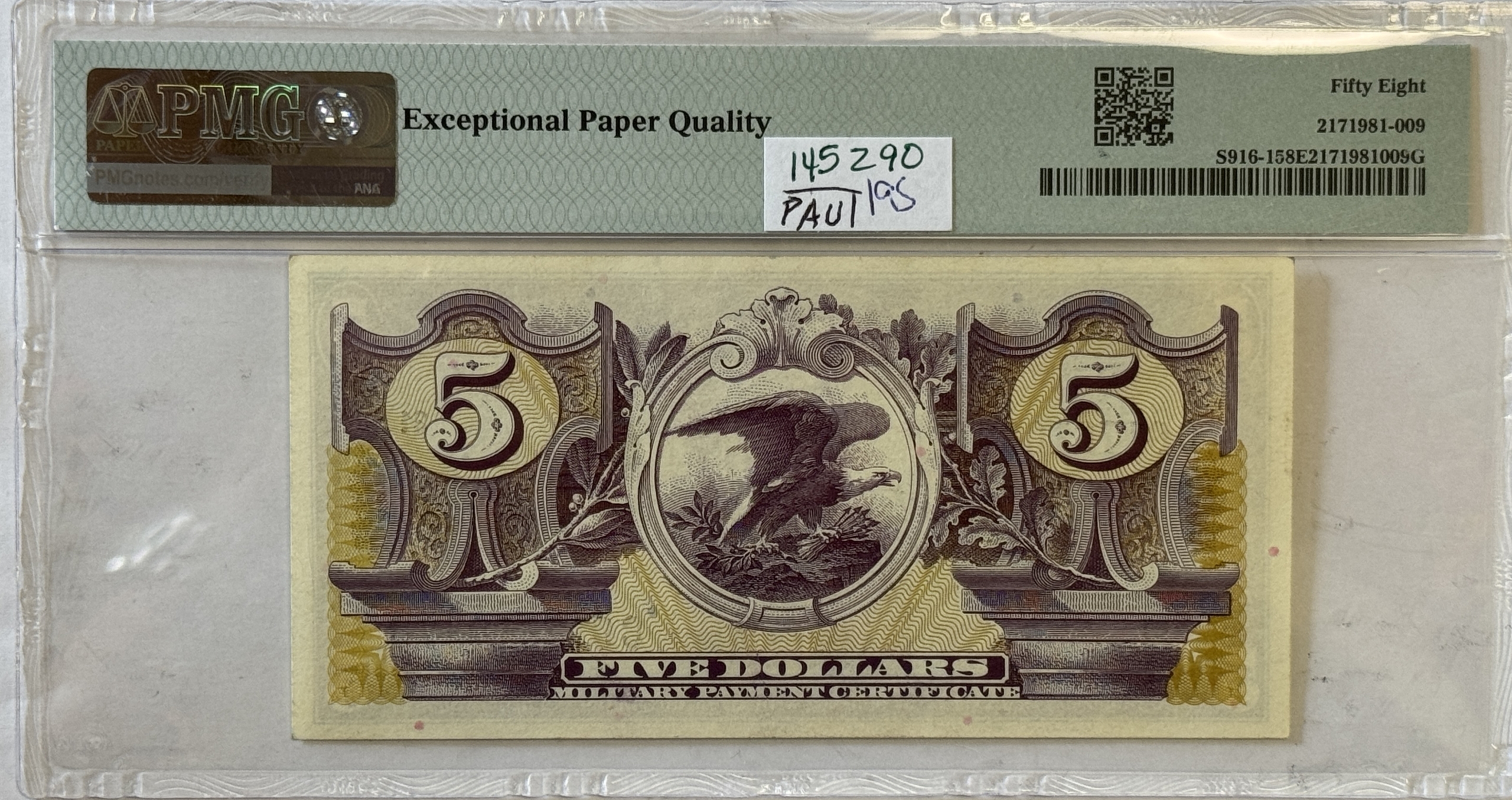 Military Payment Certificates SERIES 681 $5 MPC MILITARY PAYMENT CERTIFICATE, NAVY, S916-1 – PMG CH AU-58 EPQ! Military Payment Certificates SERIES 681 $5 MPC MILITARY PAYMENT CERTIFICATE, NAVY, S916-1 – PMG CH AU-58 EPQ!