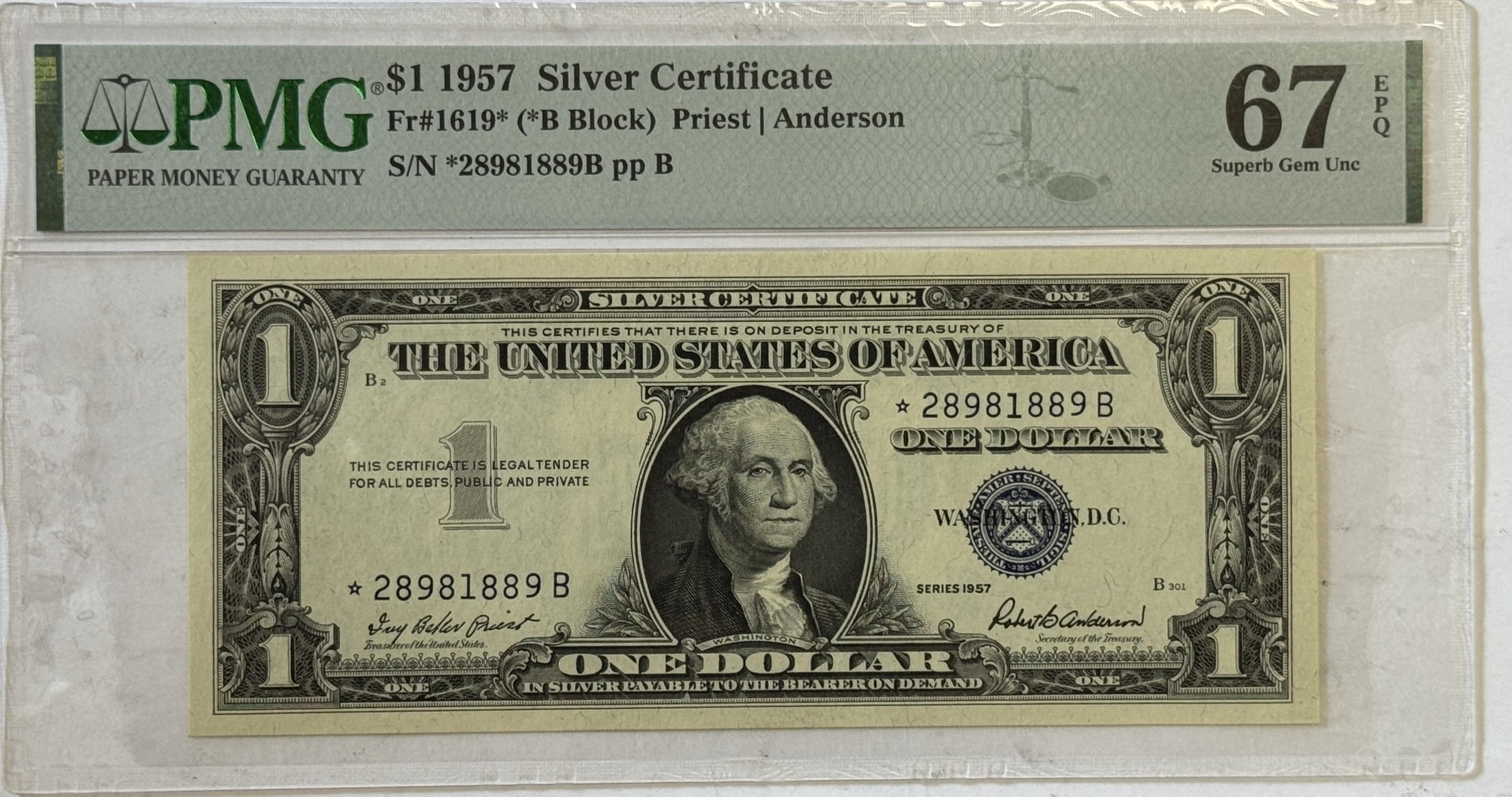 New Store Items 1957 $1 SILVER CERTIFICATE STAR NOTE FR#1619* – PMG SUPERB GEM UNC 67, EPQ! New Store Items 1957 $1 SILVER CERTIFICATE STAR NOTE FR#1619* – PMG SUPERB GEM UNC 67, EPQ!