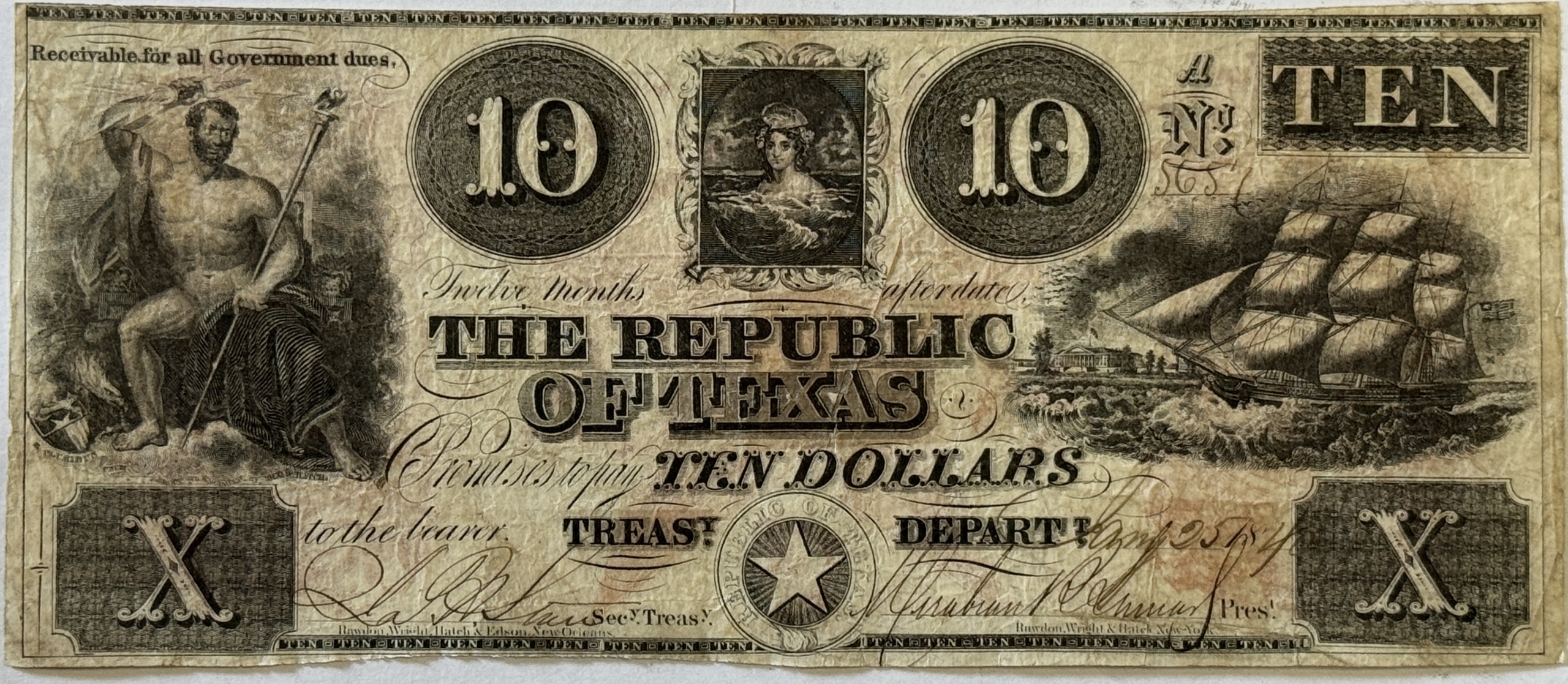 New Store Items 1840 $10 REPUBLIC OF TEXAS TREASURY NOTE, STAR REVERSE VF CANCELED MINOR REPAIRS New Store Items 1840 $10 REPUBLIC OF TEXAS TREASURY NOTE, STAR REVERSE VF CANCELED MINOR REPAIRS