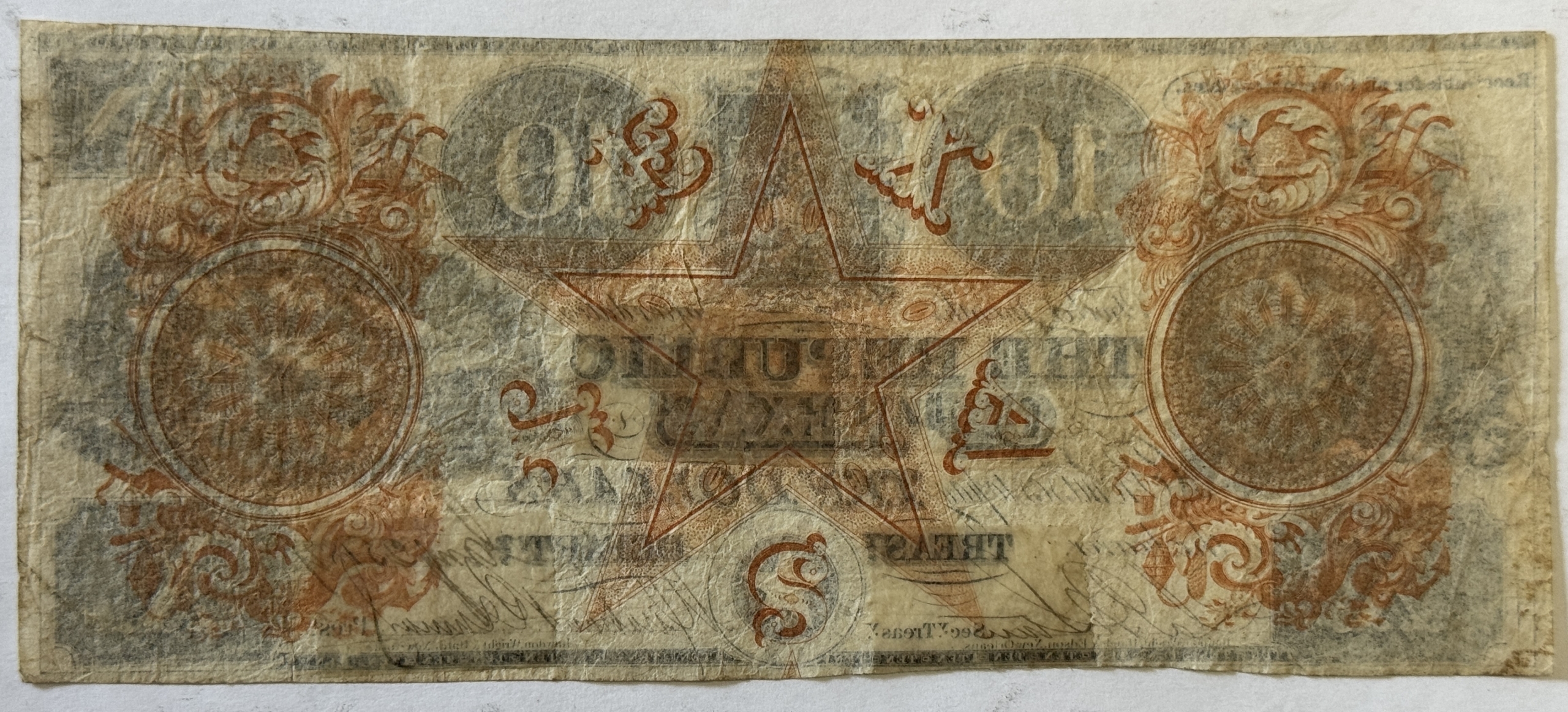 New Store Items 1840 $10 REPUBLIC OF TEXAS TREASURY NOTE, STAR REVERSE VF CANCELED MINOR REPAIRS New Store Items 1840 $10 REPUBLIC OF TEXAS TREASURY NOTE, STAR REVERSE VF CANCELED MINOR REPAIRS