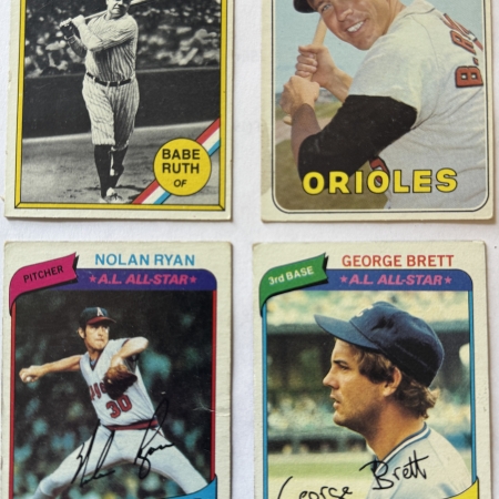 New Store Items 1969-1980 TOPPS BASEBALL HOF 4 CARD LOT BROOKS ROBINSON, NOLAN RYAN, BRETT, RUTH