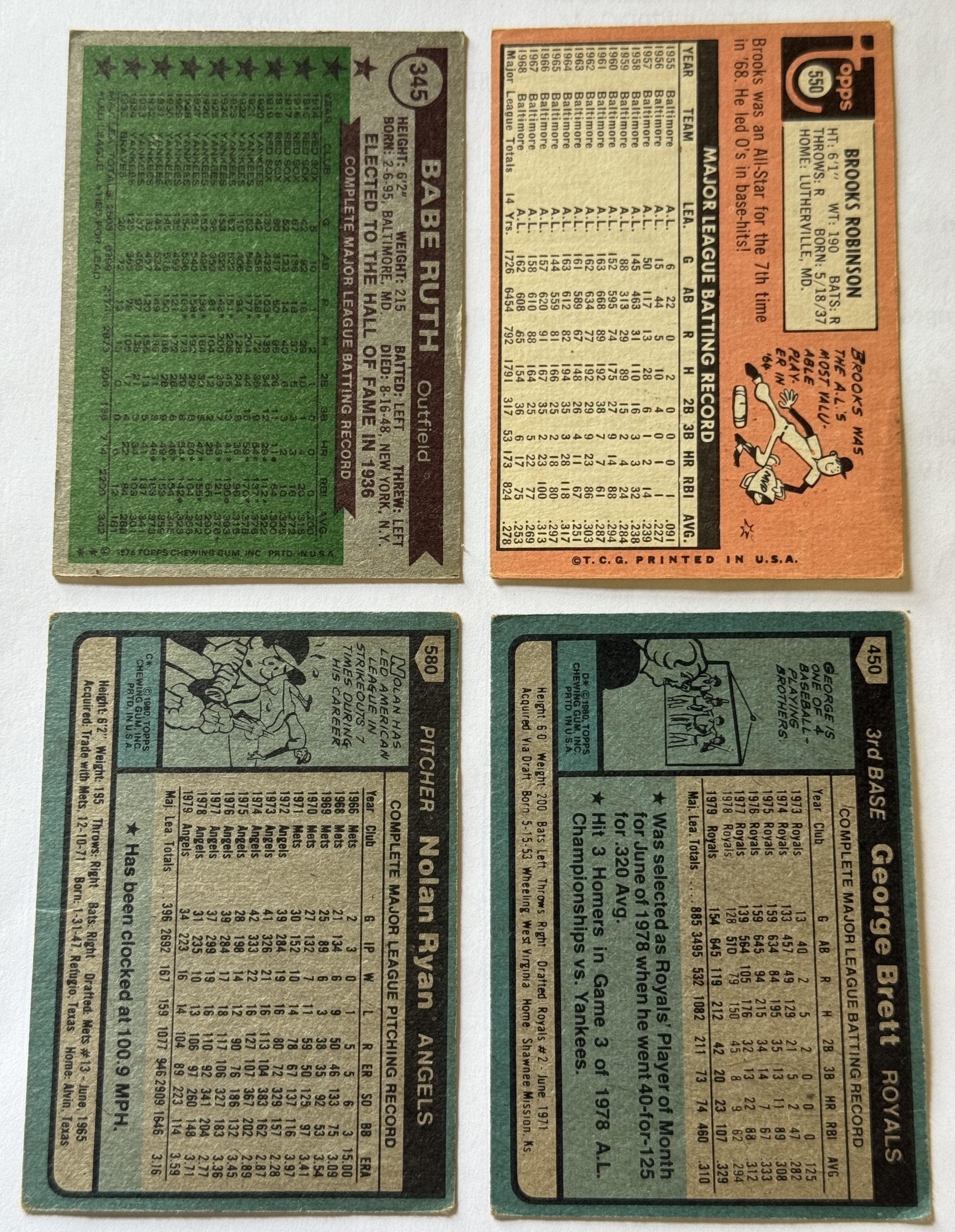 New Store Items 1969-1980 TOPPS BASEBALL HOF 4 CARD LOT BROOKS ROBINSON, NOLAN RYAN, BRETT, RUTH New Store Items 1969-1980 TOPPS BASEBALL HOF 4 CARD LOT BROOKS ROBINSON, NOLAN RYAN, BRETT, RUTH